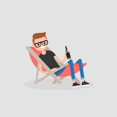 Young character sitting in a chaise lounge and drinking beer. Vacation. Summer. Weekend. Outdoor. Flat editable vector illustration, clip art