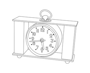 Vector illustration, isolated vintage desktop square clock in black and white colors, outline hand painted drawing