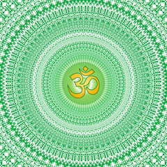 Openwork mandala in green tones with the sign Aum / Om / Ohm. Vector picture.