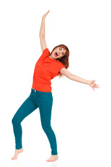 Happy Barefoot Young Woman Is Shouting With Arms Outstretched
