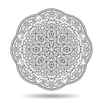 Mandala element. Symmetric zentangle. Black vector illustration. Abstract doodle background. Good for cards, invitations, presentations, party, bag, t-shirt, marketing materials. Indian east style.