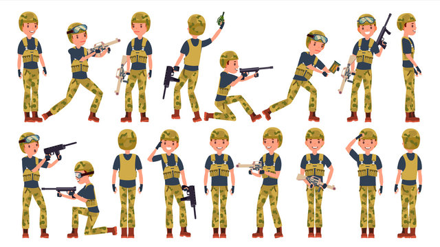 Soldier Male Vector. Different Poses. Military People In Action. Camouflage Uniform. Army. Cartoon Character Illustration