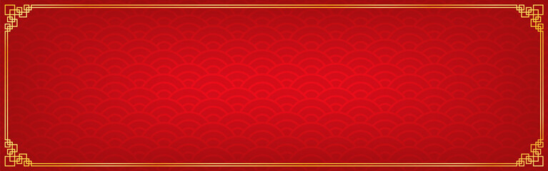 chinese new year background with golden border, abstract oriental banner with decoration frame, red circle wave inspiration, vector illustration 