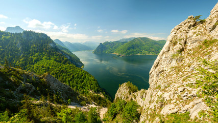 Wonderful mountains scenery over Traunsee lake, Salzkammergut, Austria