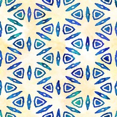 Native batik seamless watercolor artistic boho style colorful square pattern.