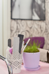Collection of manicure accessories on table in modern nail salon
