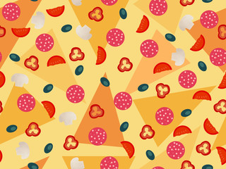 Pizza seamless pattern, vegetables ingredients. Italian cuisine. Vector illustration