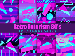 Retro futurism seamless pattern set. Geometric elements memphis in the style of 80's. Synthwave retro background. Retrowave. Vector illustration