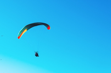 Paraglider flying on colorful parachute in blue clear sky at a bright sunny summer day. Active lifestyle, extreme sport. Adrenaline concept.
