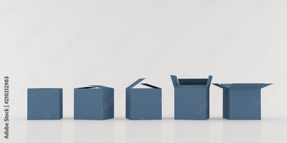 Poster Closeup of many opening sequence box  isolated on white background, 3D rendering.