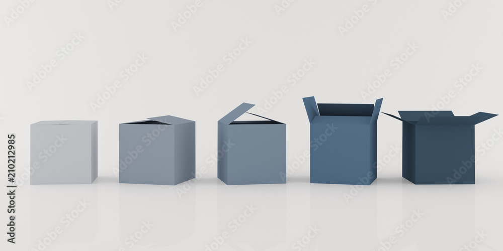 Poster Closeup of many opening sequence box  isolated on white background, 3D rendering.