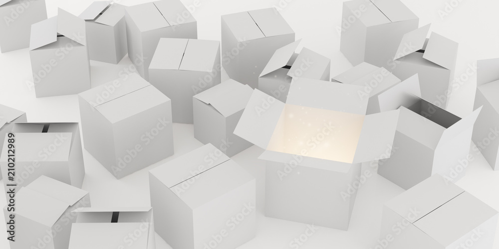 Poster Closeup of many white box with outgoing light from some of the box isolated on white background, 3D rendering.