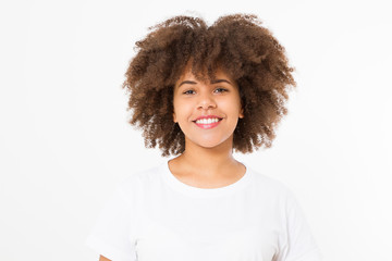 Summer fun time. Portrait of young beautiful brunette dark skinned woman with curly hair isolated on white background. Girl smile with perfect healthy teeth. Copy space. Mock up.