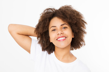 Portrait of young afro american woman isolated on white background. Template shirt and summer concept. Copy space. Mock up. Nature beauty girl. Teenager Make up