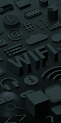 Black 3d wifi background with web symbols.
