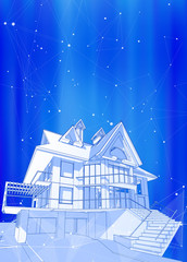 A modern house on a blue background surrounded by digital networks - an illustration of a smart eco-friendly home - the concept of modern information technology smart house or smart city / vector draw