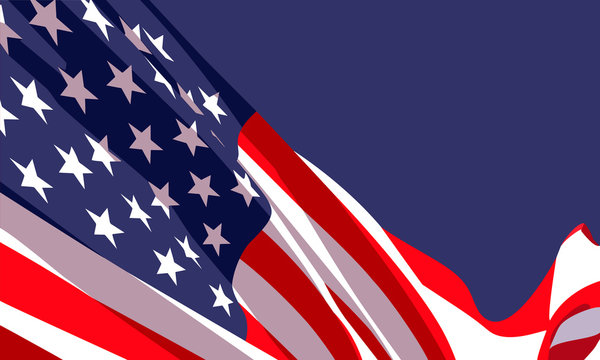 Background with waving american flag on dark blue background.Vector template for USA patriotic holidays celebration Independence Day, Patriot Day, Veterans Day, President Day.