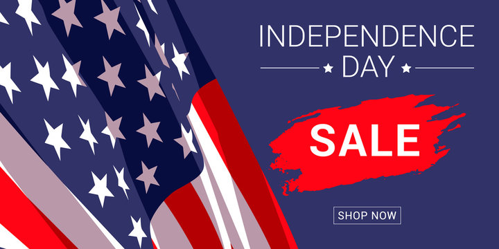 4th of July independence day sale. Vector banner design template with american flag and text on dark blue background.