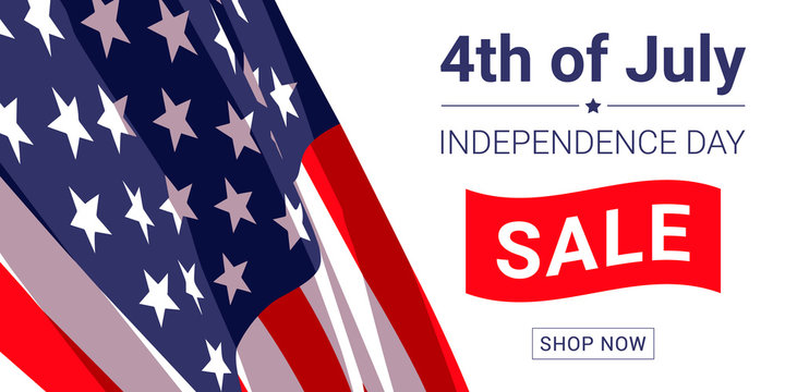 4th of July independence day sale. Vector banner design template with american flag and text on white background.