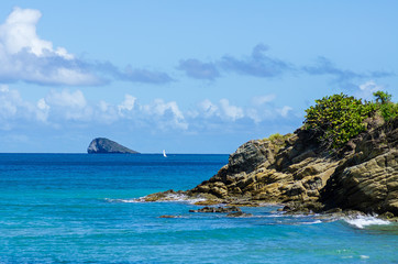 Fototapeta na wymiar Küste von Bass-Terre, einzelnes, weißes Segelboot im Hintergrund, Guadeloupe
