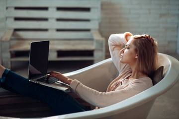 Agile business and communication. agile business of girl relax in bathroom.