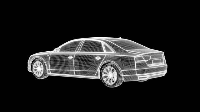 3d rendering of a wireframe car loop animation on a dark background