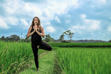 Naklejka na ściany i meble Young woman practice yoga outdoor in rice fields in the morning during wellness retreat in Bali