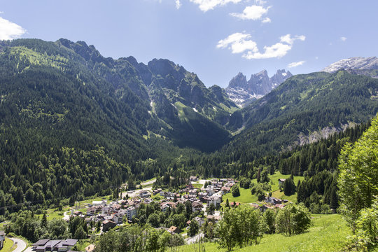 Falcade, Belluno, Veneto, Alpe, Dolomites: Summer mountains, nature. Italian city in the mountains. Idyllic landscape in the Alps with fresh green meadows and blooming flowers