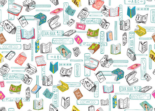Library books background on transparent. Vector seamless pattern.