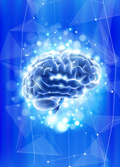 Human brain on a blue technological background surrounded by information fields, neural networks, Internet webs - the concept of modern technology, biotechnology, artificial intelligence / vector draw