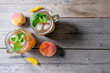 Fresh Homemade Peach Sweet Tea with Mint