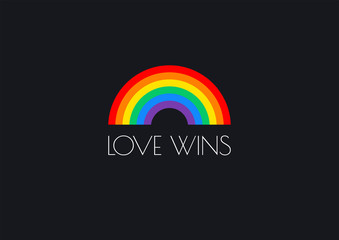 Pride love wins text and rainbow flag isolated on black background - vector illustration