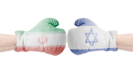 Boxing gloves with Israel and Iran flag.Israel vs Iran concept