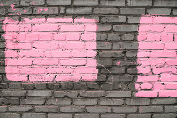 Old realistic dirty brick wall made of pink brick. Uneven brickwork. Part of wall is painted pink. Two rectangles for mock close-up.