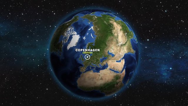 DENMARK COPENHAGEN ZOOM IN FROM SPACE