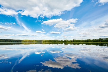 the reflection of the blue sky with clouds in the river water