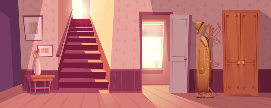 Room interior vector illustration of retro corridor or hallway entrance with furniture. Cartoon flat background of apartment stairs, coat and hat on hanger, shoe drawer and flower in vase on table