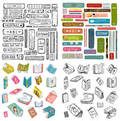 Fototapeta premium Books outline and colored naive style hand drawn bundle. Vector design.