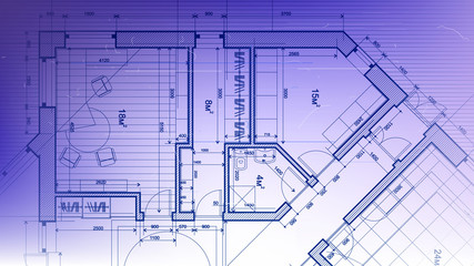 architectural blueprint - the architectural plan of a modern residential building with the layout of the interiors of different rooms, elements of furniture & equipment on a  technological background