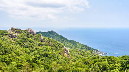 Fototapeta na wymiar Beautiful nature landscape blue sea at Aow leuk bay under the summer sky from high scenic view point on Koh Tao island is a famous tourist attraction in Surat Thani, Thailand, 16:9 widescreen