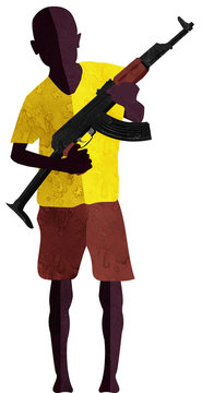 Bambino soldato con un fucile d’assalto in mano. Minore che impugna un'arma da guerra