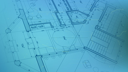 architectural blueprint - the architectural plan of a modern residential building with the layout of the interiors of different rooms, elements of furniture & equipment on a  technological background