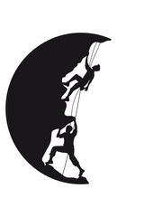 kreis nacht mond sonne abend team paar 2 freunde logo figur symbol bergsteiger klettern berge hoch sport hobby freizeit climbing aufstieg sicherheitsseil silhouette schwarz umriss