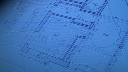 architectural blueprint - the architectural plan of a modern residential building with the layout of the interiors of different rooms, elements of furniture & equipment on a  technological background