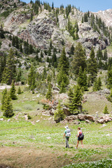 Two people hiking in the mountains near Vail, Colorado during summer. 