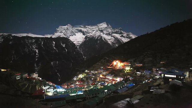 Namche Bazaar at night timelapse, Everest trek in Himalaya, Nepal