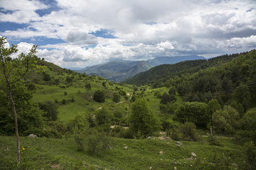 Fototapeta na wymiar Горный пейзаж. Красивый вид на живописное ущелье, панорама с высокими горами. Природа Северного Кавказа, отдых в горах