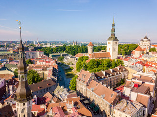 Amazing aerial Skyline of Tallinn Town Hall Square with Old Market Square, Estonia. Beautiful old...