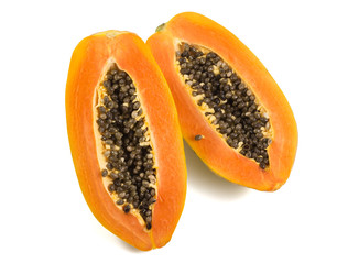 Healthy concept. Ripe papaya, juicy papaya fruit isolated on white background, top view with clipping path.