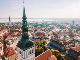 Amazing aerial Skyline of Tallinn Town Hall Square with Old Market Square, Estonia. Beautiful old...